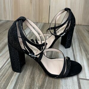 Antonio Melani Strap Crystal Block Chunky Heels Size 8M Black Rhinestone 4β